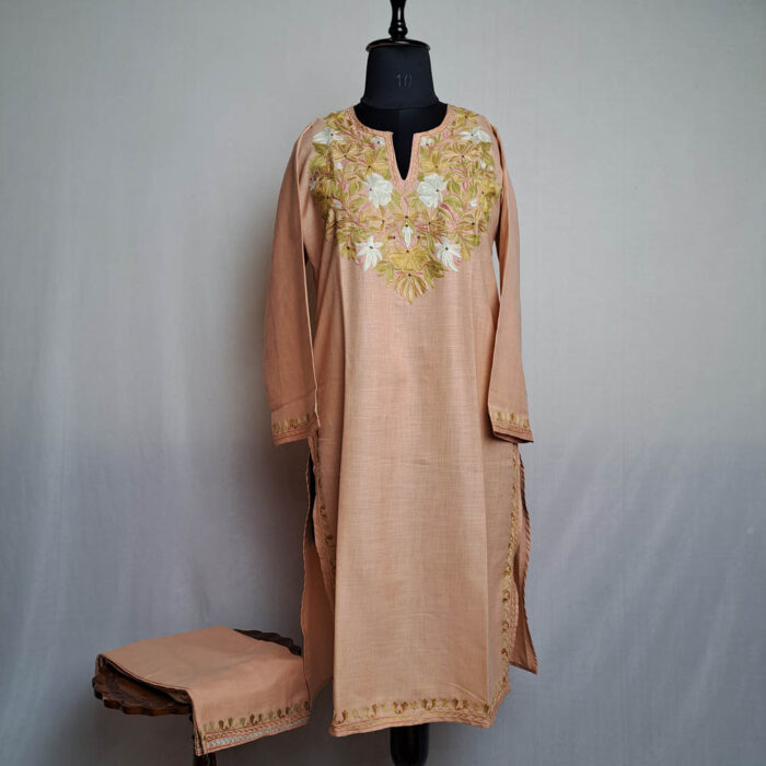Peach Cotton Aari Kashmiri Salwar Kameez Co-ord Set
