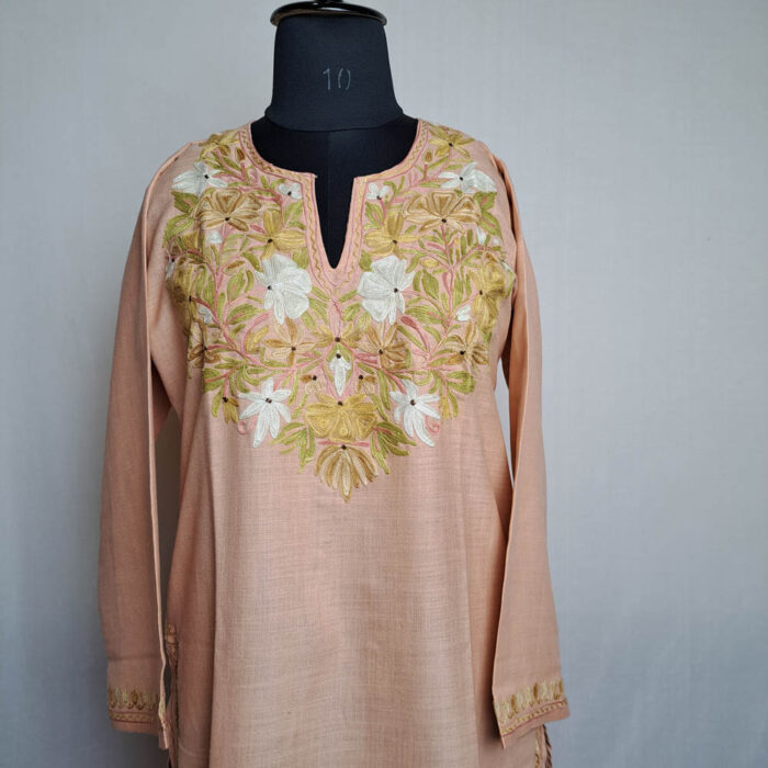 Peach Cotton Aari Kashmiri Salwar Kameez Co-ord Set - Image 2