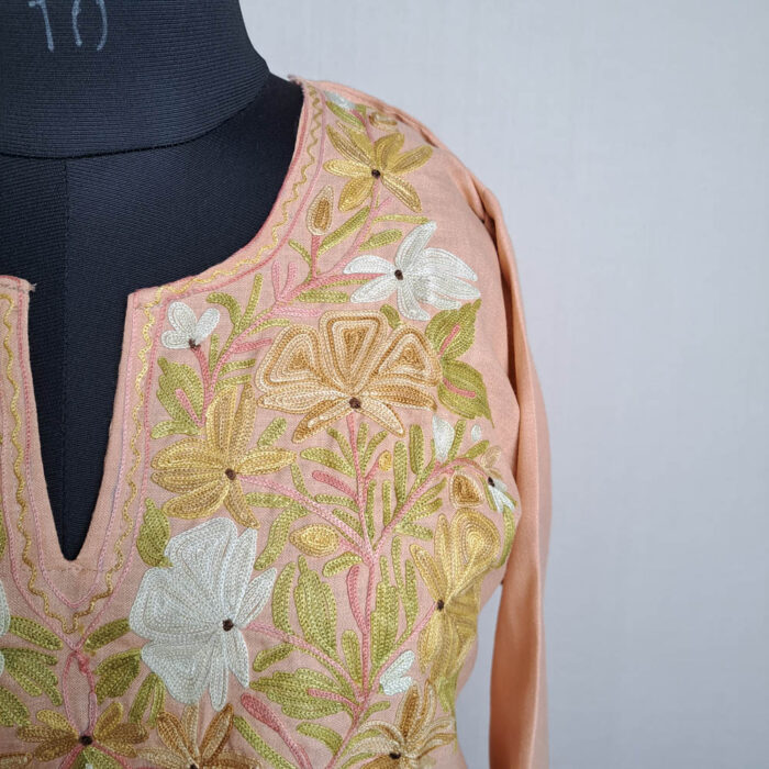 Peach Cotton Aari Kashmiri Salwar Kameez Co-ord Set - Image 3