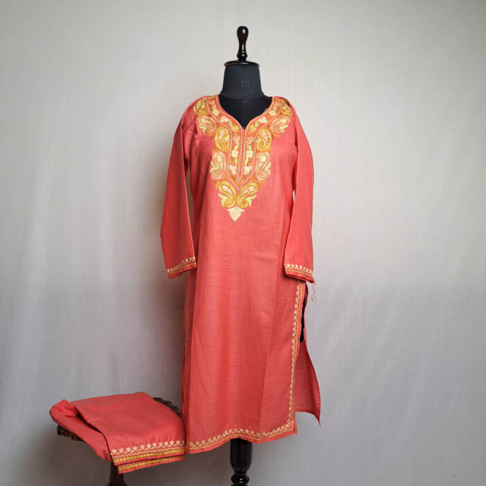 Pink Cotton Aari Kashmiri Salwar Kameez Co-ord Set