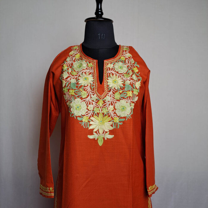 Rust Orange Cotton Aari Kashmiri Salwar Kameez Co-ord Set - Image 2