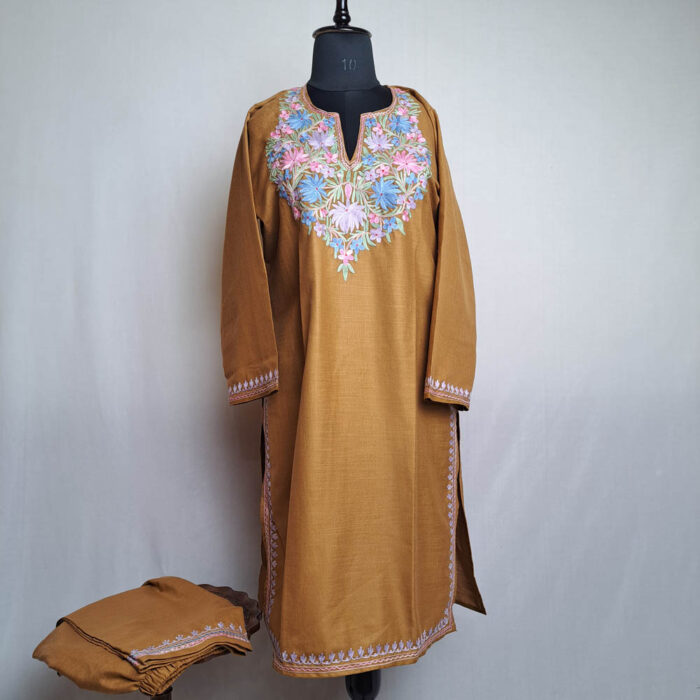 Brown Cotton Aari Kashmiri Salwar Kameez Co-ord Set