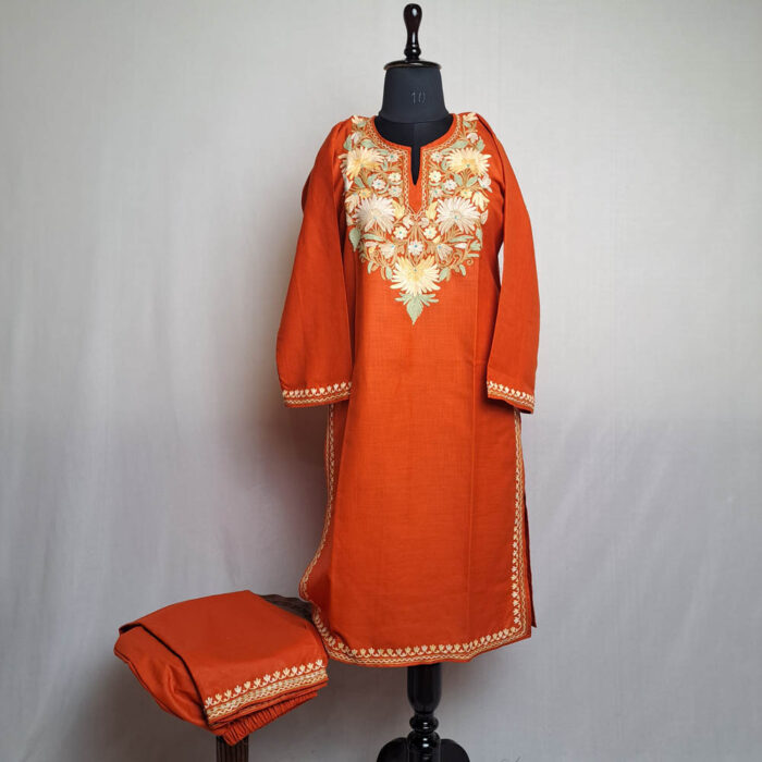 Rust Orange Cotton Aari Kashmiri Salwar Kameez Co-ord Set