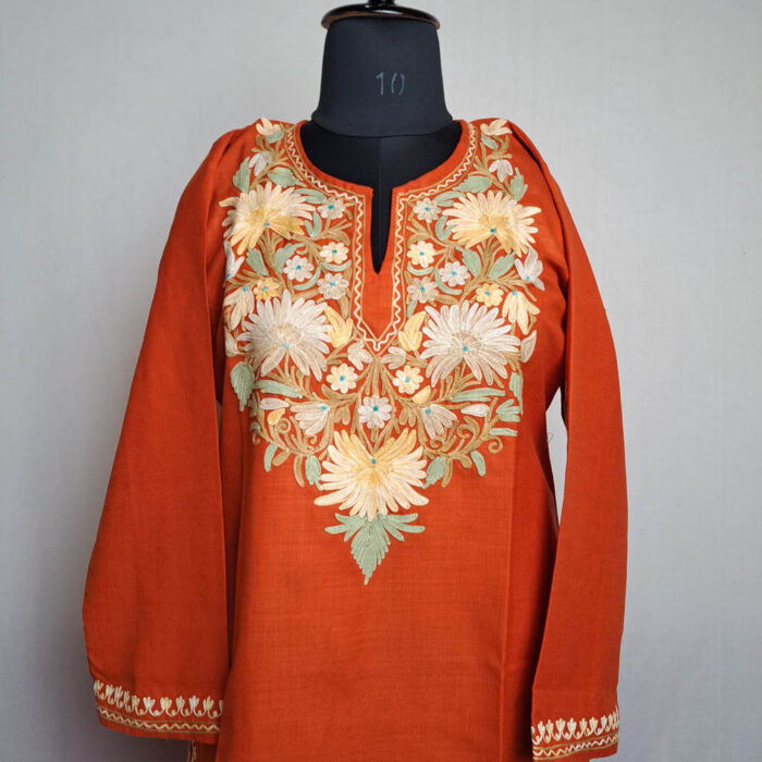 Rust Orange Cotton Aari Kashmiri Salwar Kameez Co-ord Set - Image 2