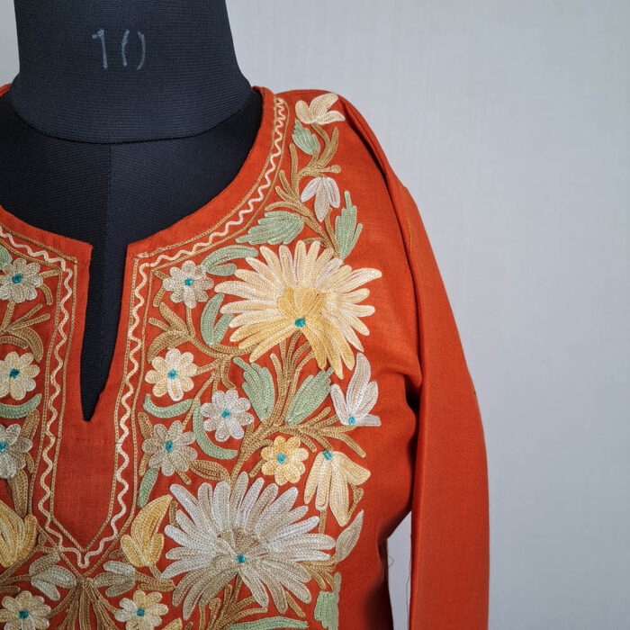 Rust Orange Cotton Aari Kashmiri Salwar Kameez Co-ord Set - Image 3