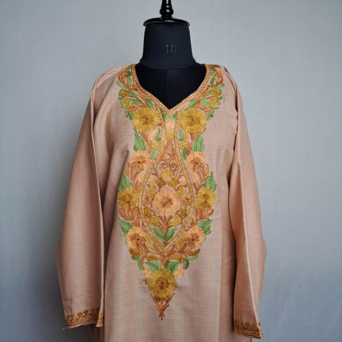 Peach Cotton Aari Kashmiri Salwar Kameez Co-ord Set - Image 2