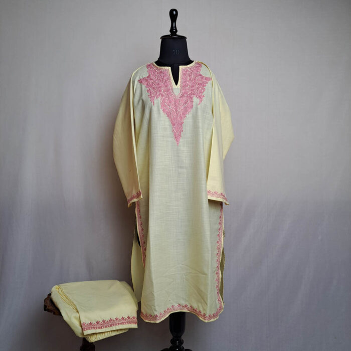Light Yellow Cotton Aari Kashmiri Salwar Kameez Co-ord Set