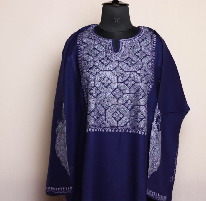 Designer Pheran - Dark Blue Raffal loose Kashmiri Sozni Hand Work - Mirza Collection - Image 2