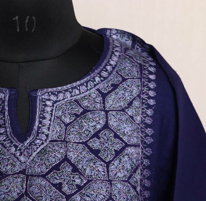Designer Pheran - Dark Blue Raffal loose Kashmiri Sozni Hand Work - Mirza Collection - Image 3