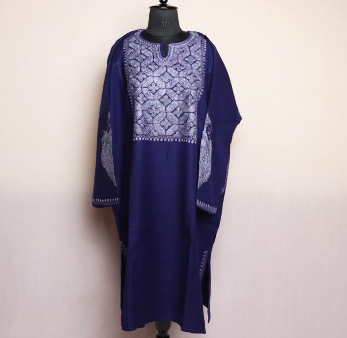 Designer Pheran - Dark Blue Raffal loose Kashmiri Sozni Hand Work - Mirza Collection