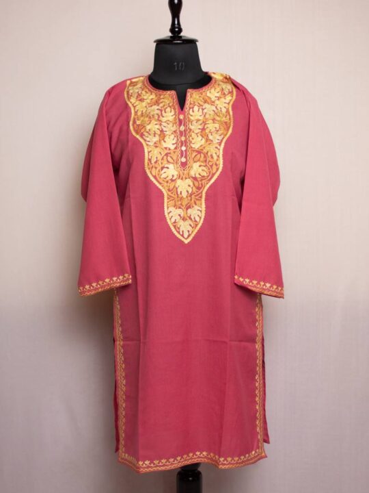 Pink Chinari Cotton Kurta for Women with Kashmiri Aari Embroidery