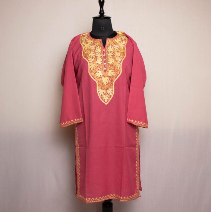 Pink Chinari Cotton Kurta for Women with Kashmiri Aari Embroidery