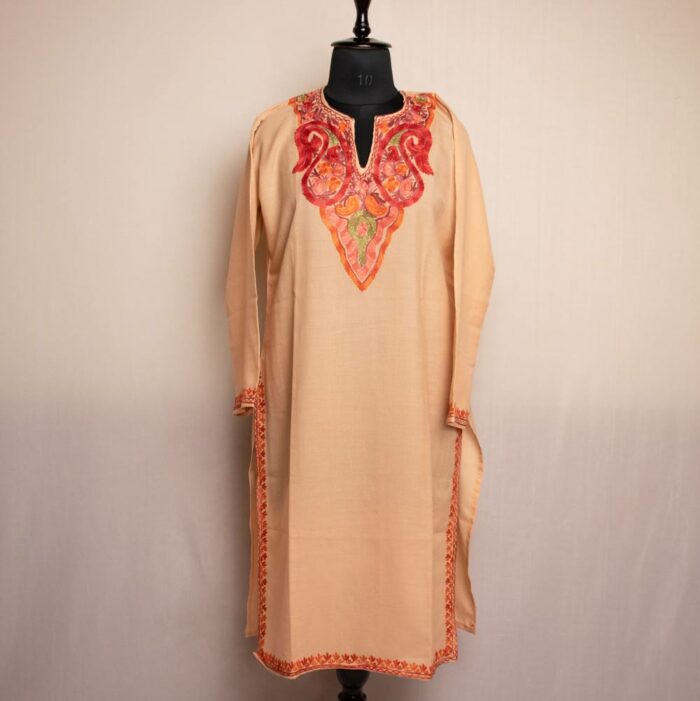 Light Brown Cotton Kurta for Women with Kashmiri Aari Embroidery