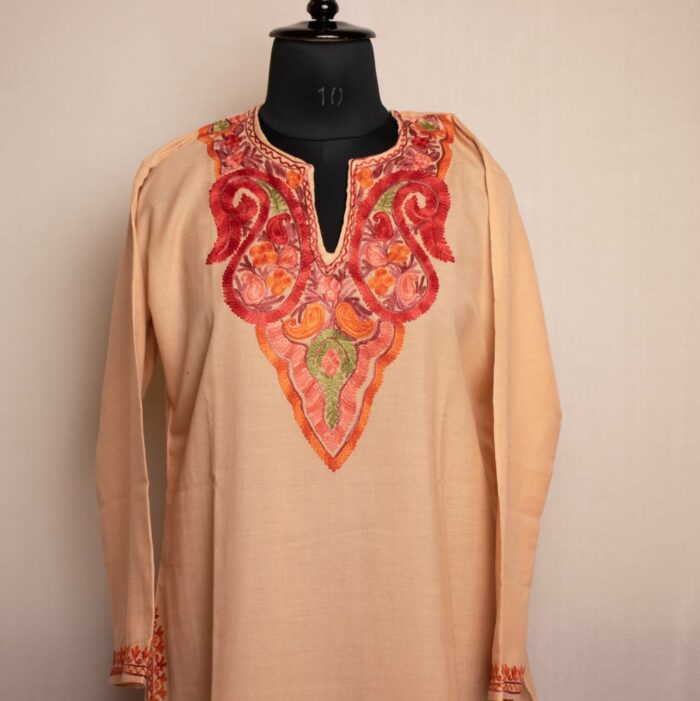 Light Brown Cotton Kurta for Women with Kashmiri Aari Embroidery - Image 2