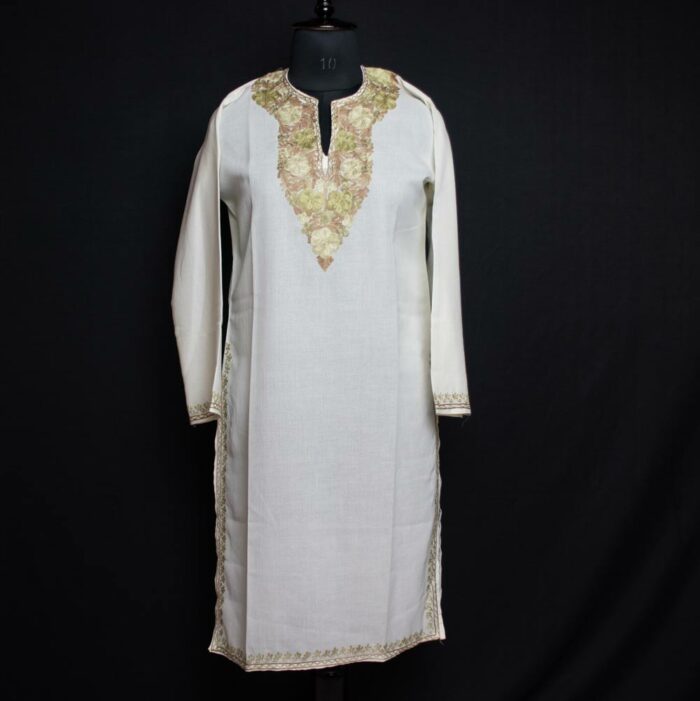 Creamy White Cotton Kurta for Women with Kashmiri Aari Embroidery