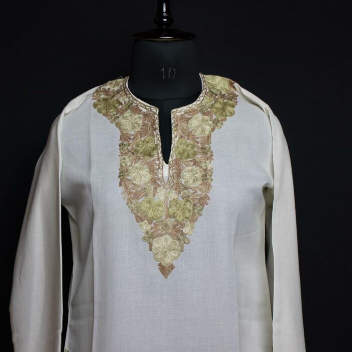 Creamy White Cotton Kurta for Women with Kashmiri Aari Embroidery - Image 2