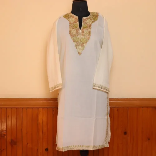 Creamy White Cotton Kurta for Women with Kashmiri Aari Embroidery