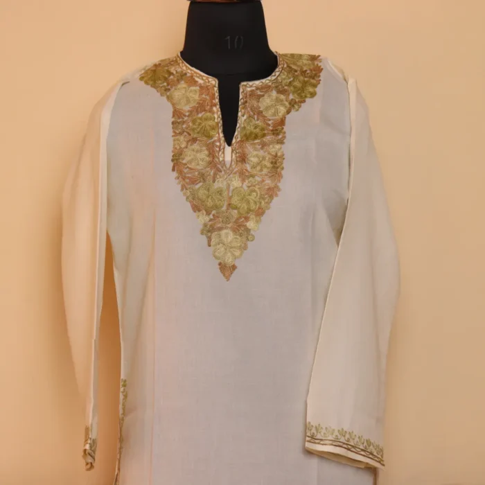 Creamy White Cotton Kurta for Women with Kashmiri Aari Embroidery - Image 2