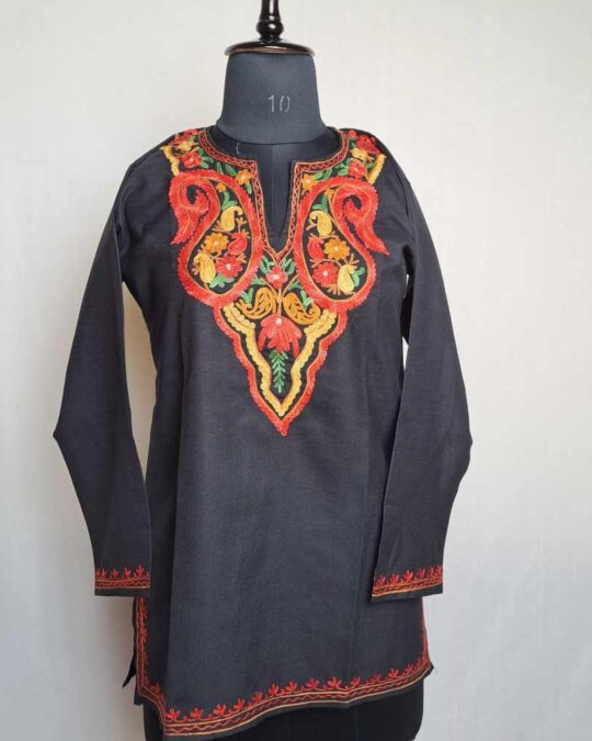 Badami Black Bisma Kashmiri Short Cotton Kurti with Ari Embroidery