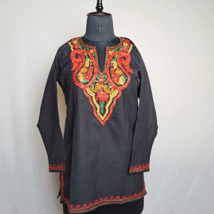 Badami Black Bisma Kashmiri Short Cotton Kurti with Ari Embroidery