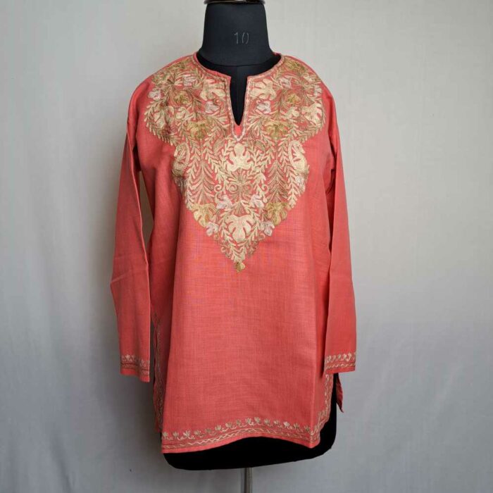 Chinari Pink Bisma Short Kashmiri Cotton Kurti with Ari Embroidery