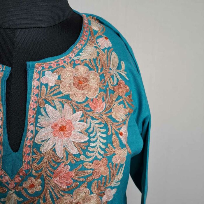 Blue Gulabi Posh Bisma Short Kashmiri Cotton Kurti with Ari Embroidery - Image 2