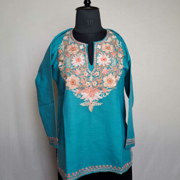 Blue Gulabi Posh Bisma Short Kashmiri Cotton Kurti with Ari Embroidery