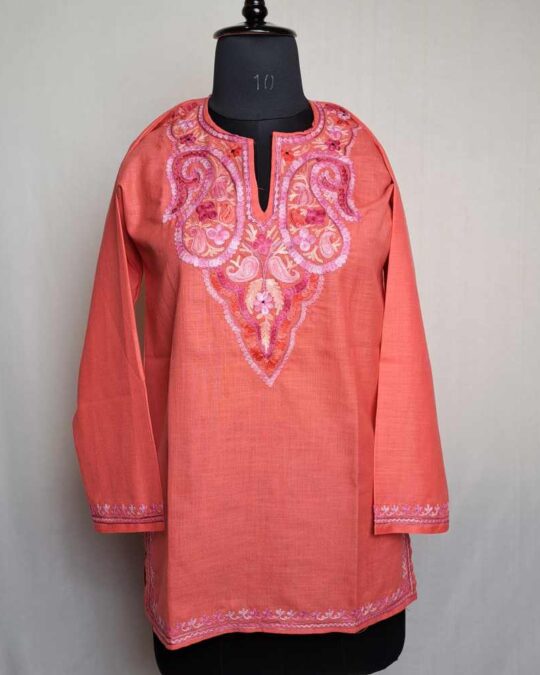 Short Kashmiri Cotton Kurti Badami Pink Bisma with Ari Embroidery