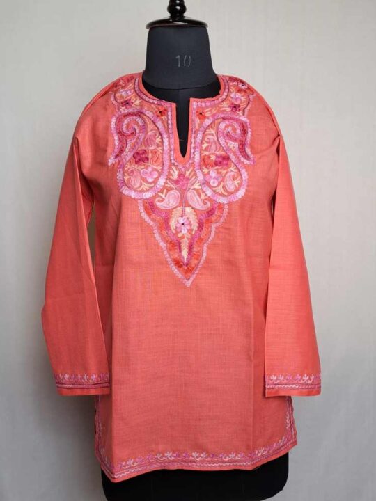 Short Kashmiri Cotton Kurti Badami Pink Bisma with Ari Embroidery