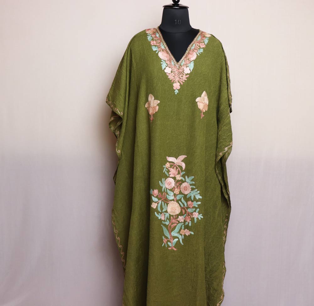 strapless open back dress Ekaya - Handwoven Olive Green Banarasi Kaftan main image 1