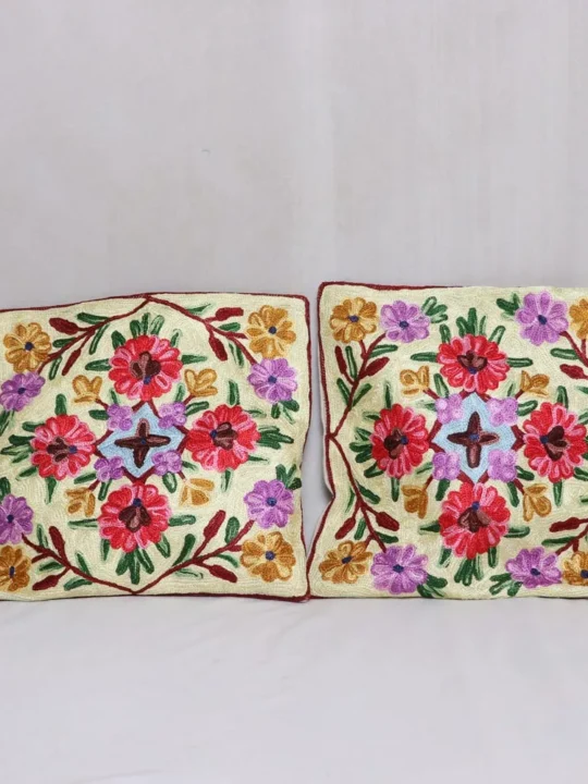 Floral Chainstitch Cushion Cover 12×12 - Set of 2