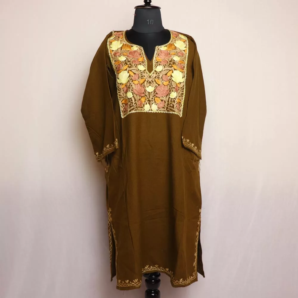 Yellow - Handwoven Aari Hand Embroidered Kashmiri Merino Wool Pheran 13