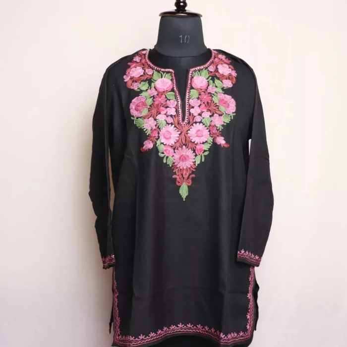 Black Short Kashmiri Cotton Kurti with Aari Embroidery