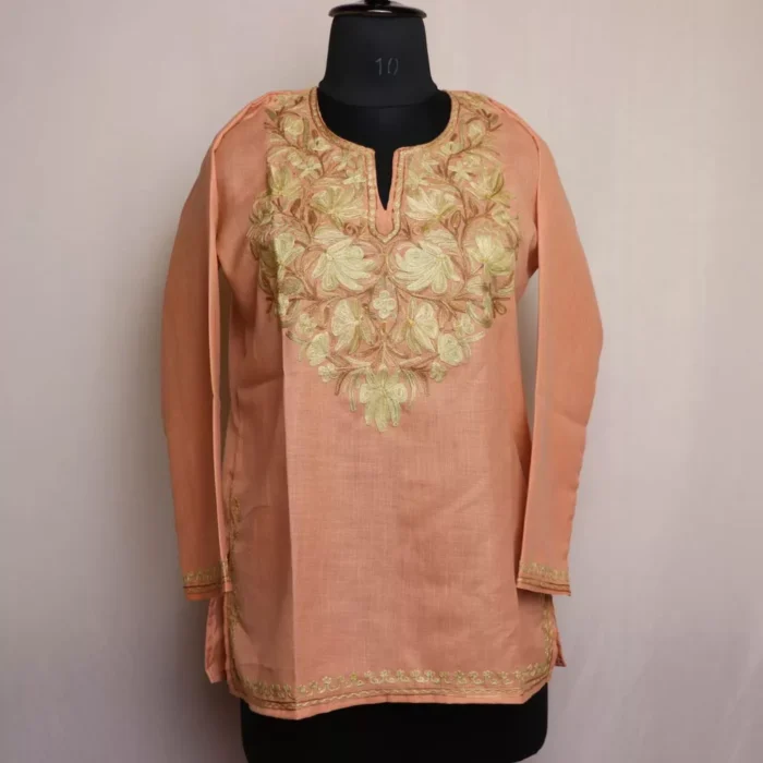 Peach Short Kashmiri Cotton Kurti with Aari Embroidery