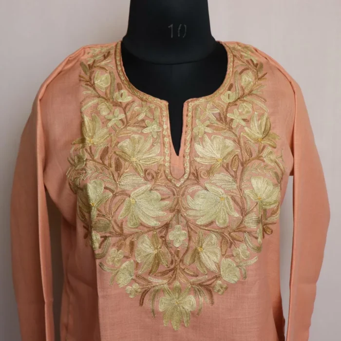 Peach Short Kashmiri Cotton Kurti with Aari Embroidery - Image 2