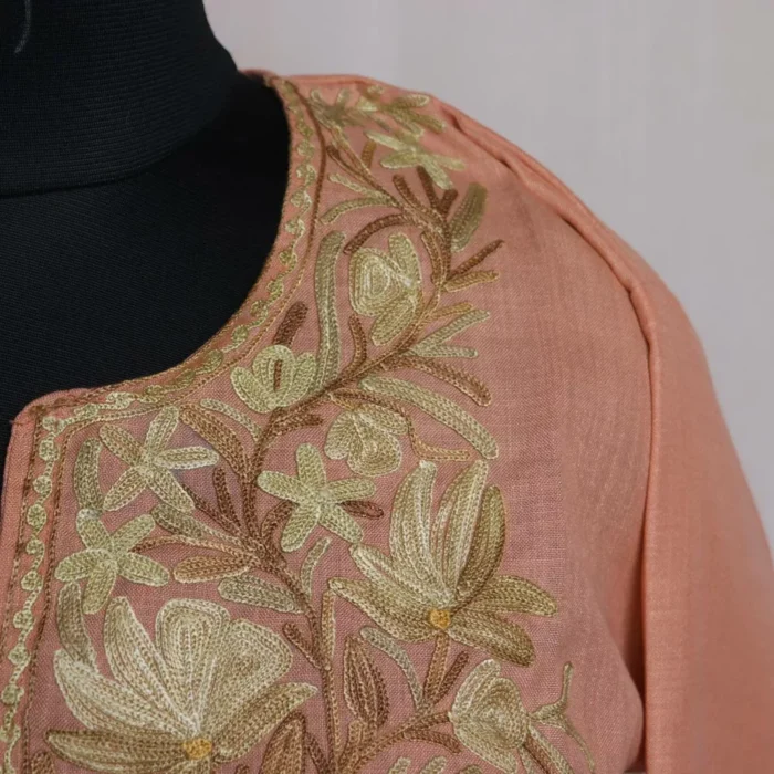 Peach Short Kashmiri Cotton Kurti with Aari Embroidery - Image 3