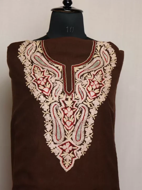 Kashmiri Brown Kameez Shalwar Suit - Crush Cotton Aari Zari Work