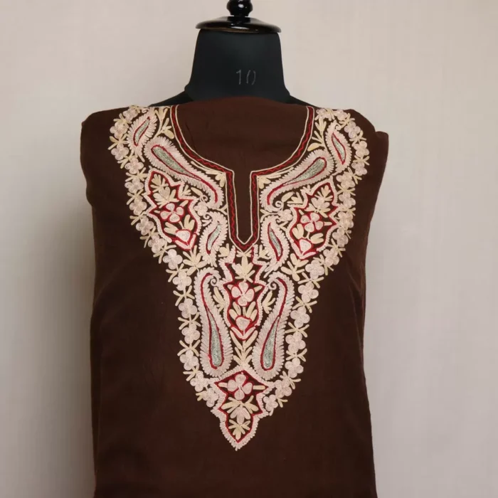 Kashmiri Brown Kameez Shalwar Suit - Crush Cotton Aari Zari Work