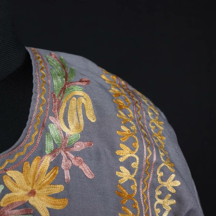 Grey Kashmiri Summer Co-ord Set with Aari Work - Image 3