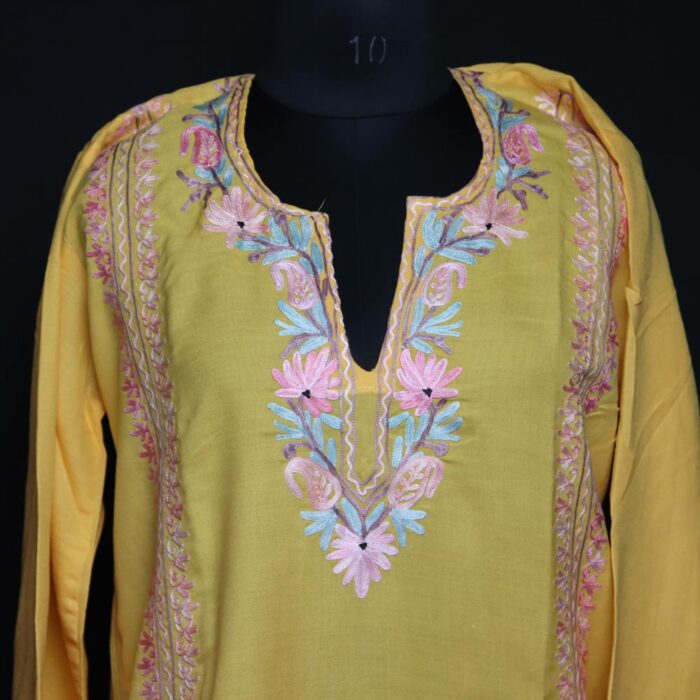 Yellow Nazneen Kashmiri Summer Co-ord Set with Aari Work - Image 2