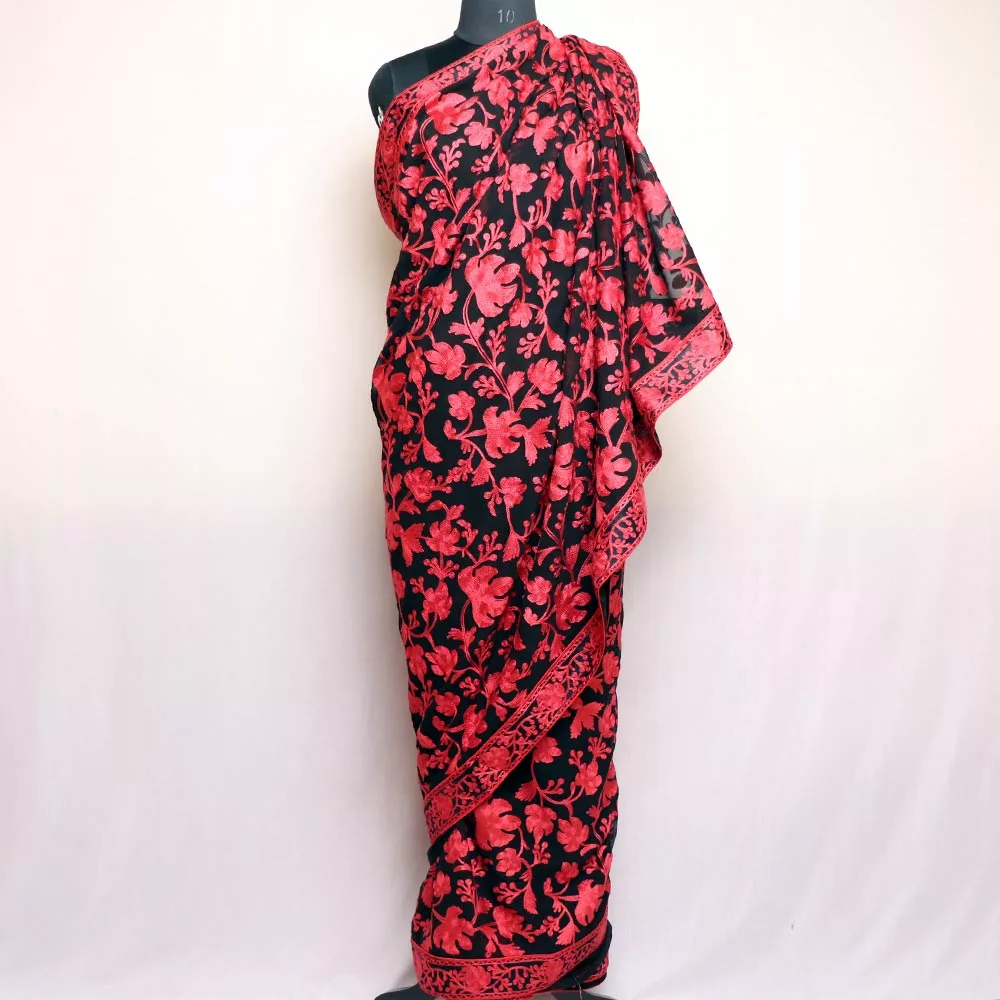 Black Chinari Georgette Kashmiri Saree With Aari Embroidery - Gyawun