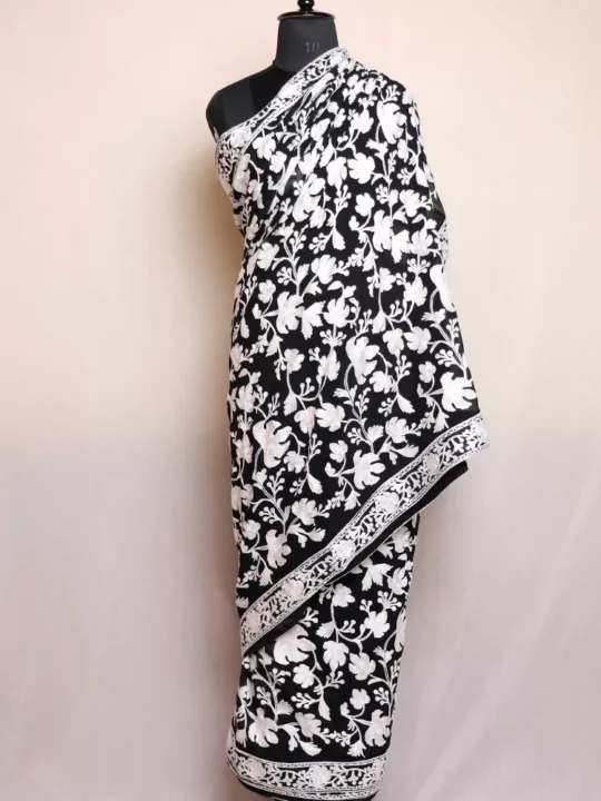 Black and White Georgette Kashmiri Saree With Aari Embroidery