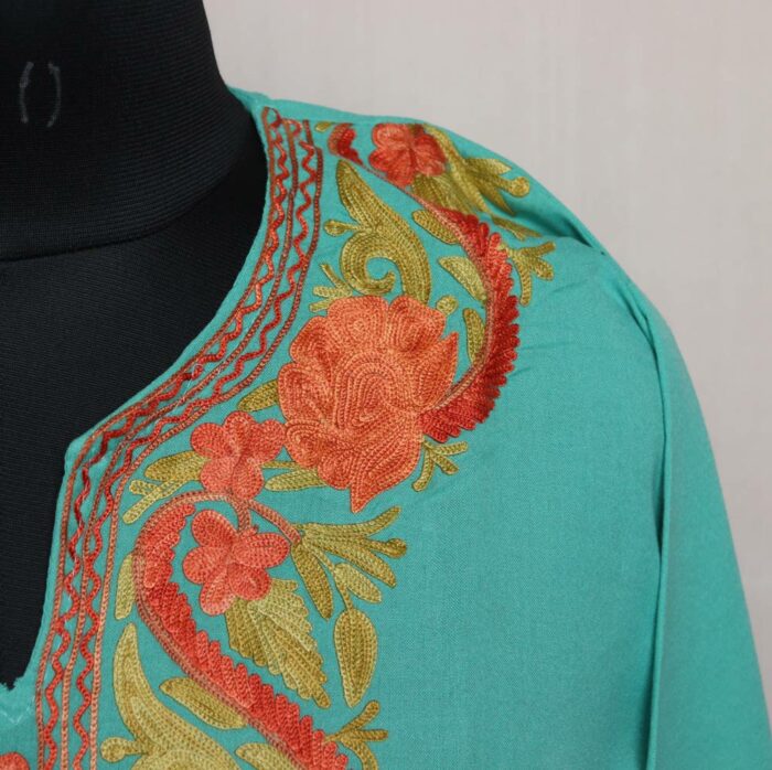 Sea Green Summer Cotton Kurta with Kashmiri Aari Embroidery - Image 3