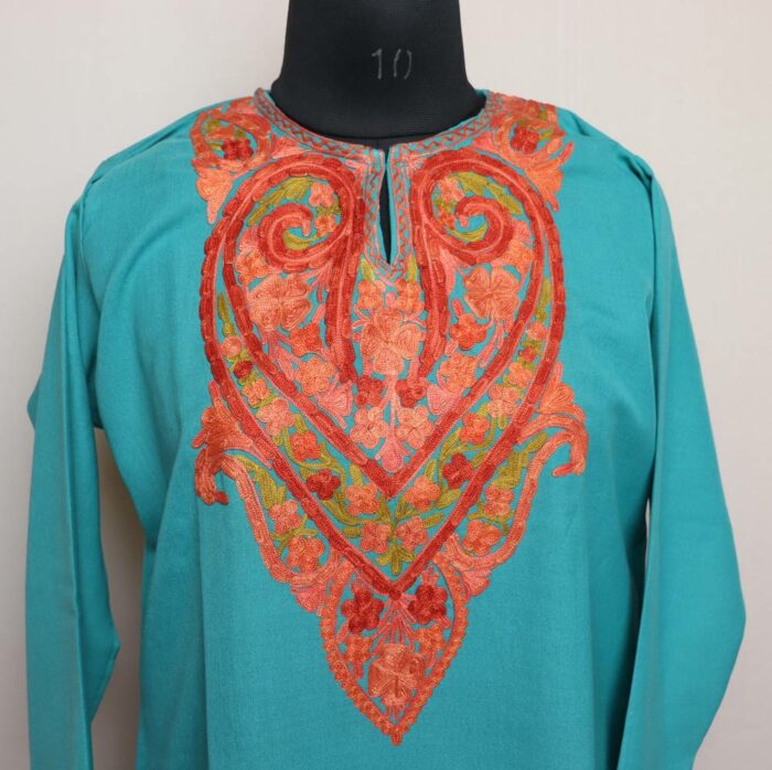 Oceanic Green Summer Cotton Kurta with Kashmiri Aari Embroidery - Image 2