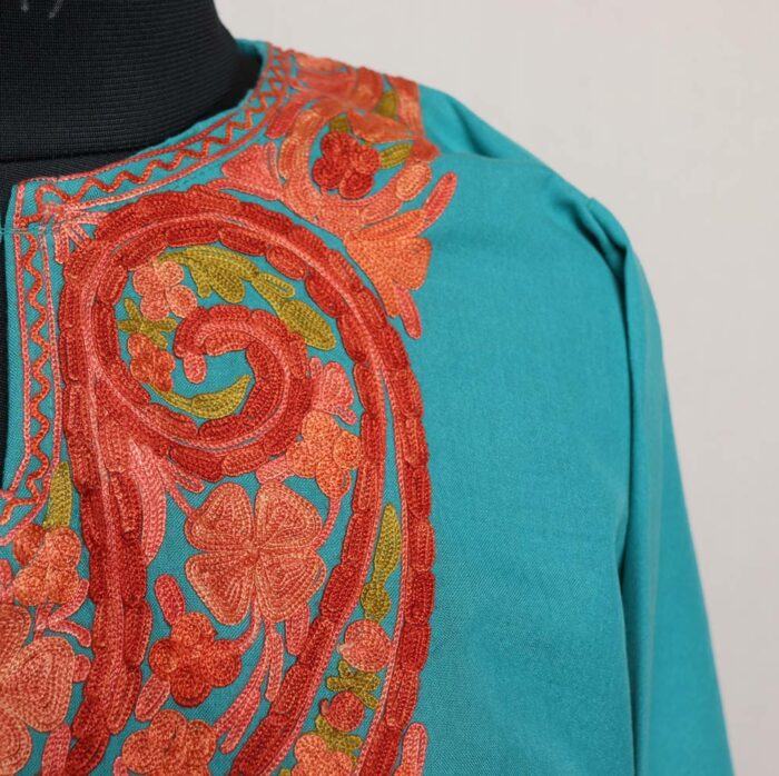 Oceanic Green Summer Cotton Kurta with Kashmiri Aari Embroidery - Image 3