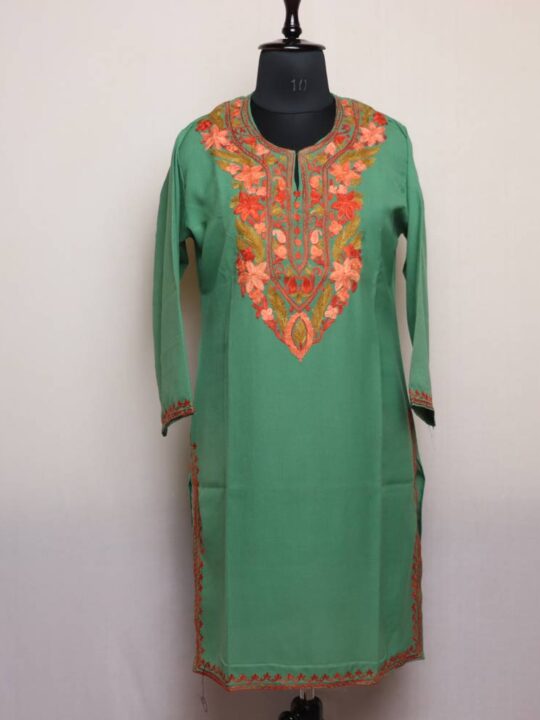 Forest Green Summer Cotton Kurta with Kashmiri Aari Embroidery