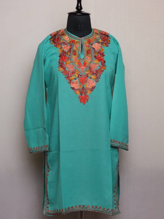 Alpine Green Summer Cotton Kurta with Kashmiri Aari Embroidery