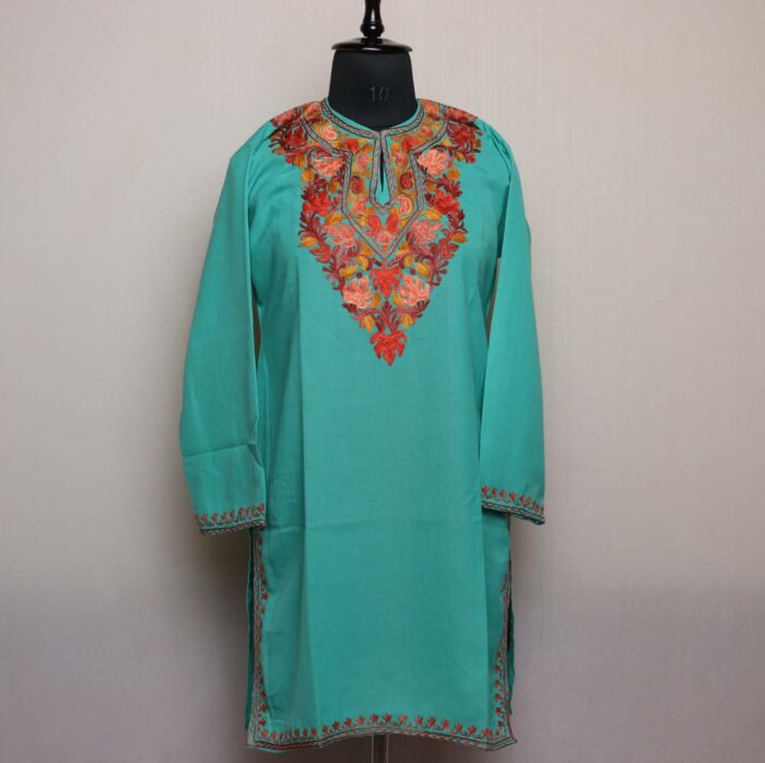 Oceanic blue Summer Cotton Kurta with Kashmiri Aari Embroidery