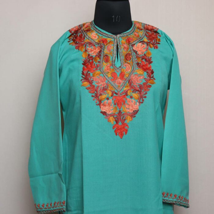 Oceanic blue Summer Cotton Kurta with Kashmiri Aari Embroidery - Image 2