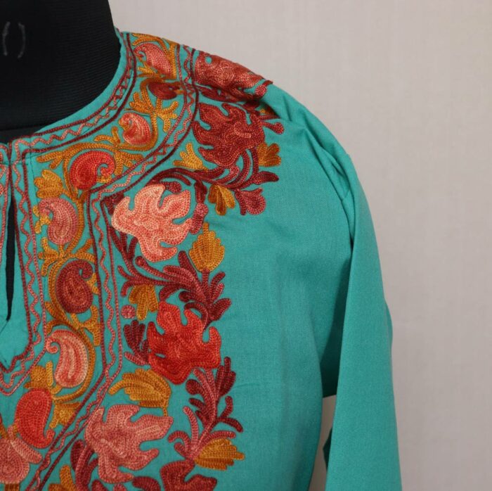 Oceanic blue Summer Cotton Kurta with Kashmiri Aari Embroidery - Image 3